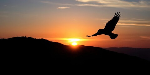 Silhouette of bird ascending over a hilly landscape at sunset, art, design