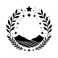 A minimalist black and white circular emblem featuring mountains, stars, and laurel branches, creating a harmonious, elegant design.