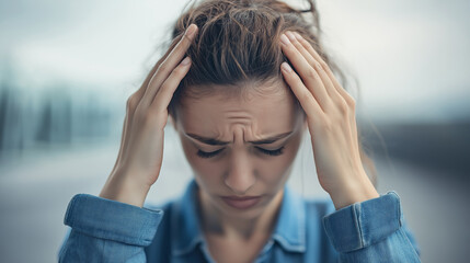 Woman holds her head, expressing pain from a headache or feeling overwhelmed.