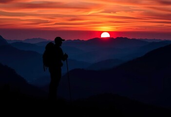 Silhouette of hiker with backpack, sunset mountain vista, wonder, climbing