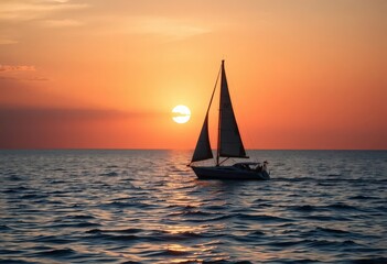 Silhouette of sailboat at sunset, calm ocean waves, serene, horizon