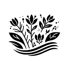 A stylized black and white botanical illustration, depicting a cluster of flowers, leaves, and berries atop wavy lines, perfect for decorative design.