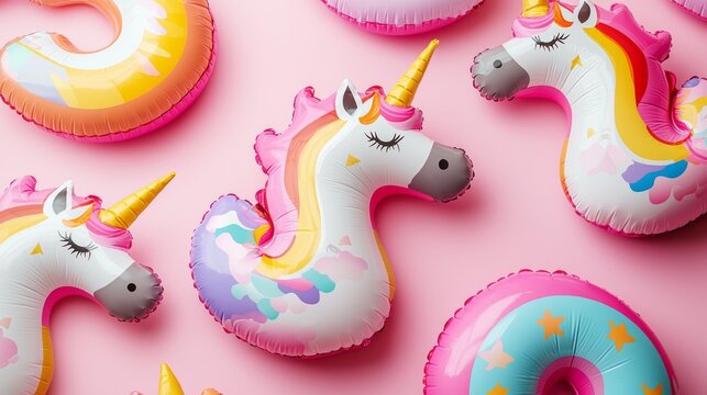 A collection of vibrant inflatable unicorn floats rests on a soft pink surface, capturing the essence of summer fun and playful imagination. Each float boasts unique colors and designs