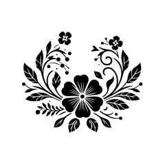 Symmetric Floral Design in Black and White: A symmetrical arrangement of stylized flowers and foliage, creating an elegant, balanced aesthetic on a bright white backdrop.