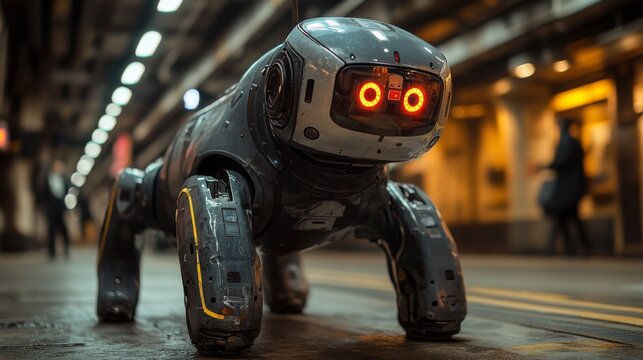 A robot with distinctive red eyes navigates through a transportation facility, engaged in monitoring and inspection tasks during nighttime hours.