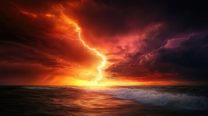 Fototapeta premium Fiery Sunset with Lightning Strike over Ocean
