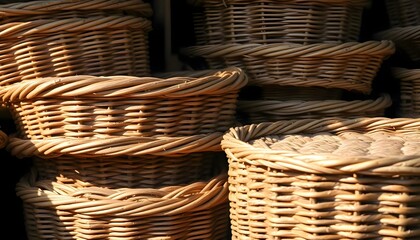 a pile of wicker baskets sitting next to each other