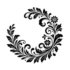 Elegant Black Floral Flourish: A Symmetrical Wreath-like Arrangement of Leaves, Vines, and Flowers on White Background.