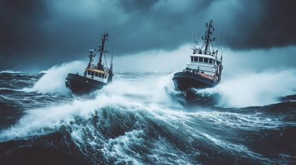 Two Ships Collide Amidst Stormy Seas, Symbolizing Nature's Unpredictable Power

