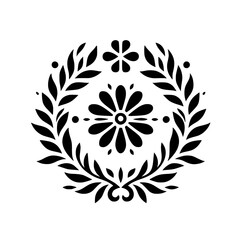 Symmetrical Black Floral Design with Leaves and Flower Accents, a Decorative Emblem on White Background.
