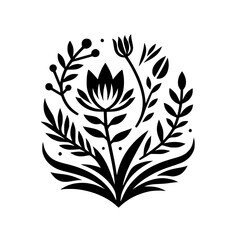 Botanical Black and White Illustration: A symmetrical arrangement of stylized floral elements, including a central flower, leaves, and berries.