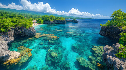 Breathtaking view of a tropical island coast featuring turquoise waters lush greenery and dramatic cliffs under a bri