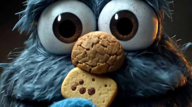 A furry blue creature joyfully holding a cookie with big eyes in focus