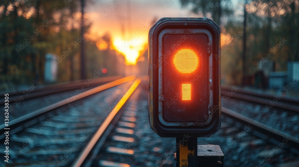 Poster a red signal illuminates a railway crossing during twilight, emphasizing the critical role of monito