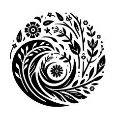 Whimsical Black and White Circular Floral Arrangement Featuring Various Leaves, Flowers, and Organic Flow, Evoking Nature's Beauty in a Stylized Illustration.