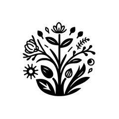 Stylized Black and White Floral Arrangement with Leaves, Buds, and Sun-like Elements in a Circular Composition.