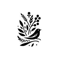 Minimalist Black and White Illustration of a Bird Perched Amidst Foliage, Emphasizing Nature's Beauty.