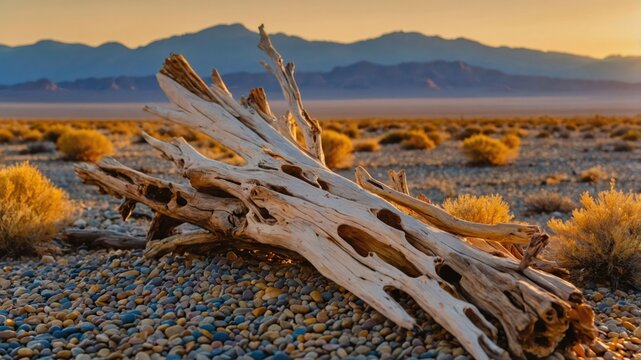A weathered piece of driftwood rests on a rocky desert landscape at sunset. - Powered by Adobe
