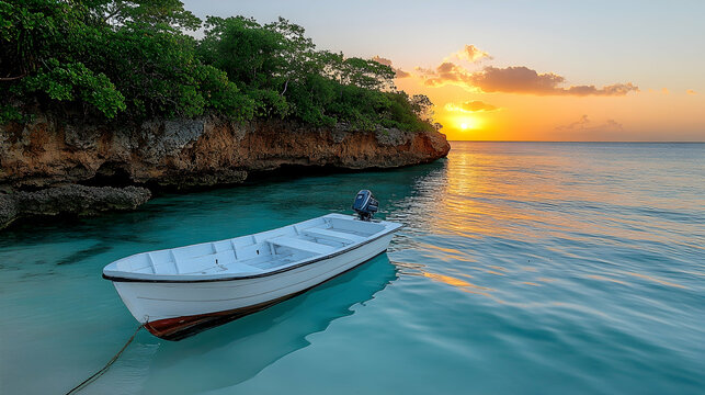 Calm turquoise waters hold a white boat as the sun sets turning the sky gold over a tree-lined cliff Serene and tropi