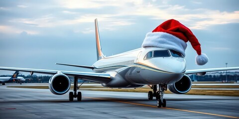 Sleek jet airliner wearing a festive Santa hat on tarmac, jet, airplane