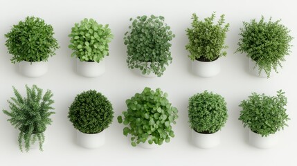 Top-down view of a variety of plants arranged in white pots in a symmetrical garden layout