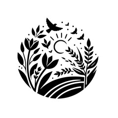 Silhouette of a circular countryside scene, featuring plants, birds, and a sun, evoking peace and nature in a minimalist style.