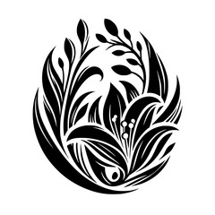 Elegant Black and White Floral Composition, Featuring a stylized, symmetrical arrangement of leaves, petals, and buds within a circular frame, evoking nature's intricate beauty.