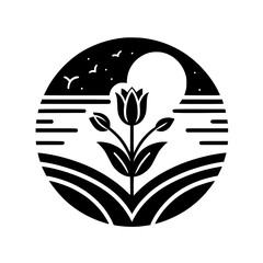 A monochrome circular emblem showcasing a tulip, field, night sky, moon, and birds, creating a serene and minimalist landscape.