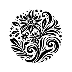 Intricate Floral Mandala: Black and White Circular Design of Flowers, Leaves, and Swirls, Perfect for Decoration.