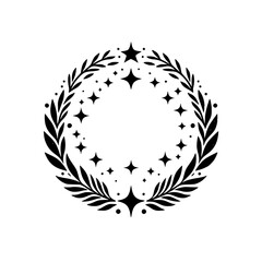A symmetrical, minimalist black and white illustration featuring a leafy wreath encircling sparkling stars, set against a bright white background.