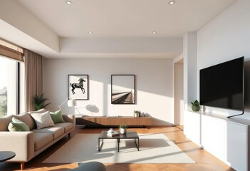 Sleek minimalist apartment interior with natural light, showcasing contemporary design, simple, loft