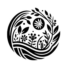 Circular Botanical Design: A stylized black and white illustration featuring diverse flora, including leaves, flowers, and geometric shapes, arranged within a circle on a bright white background.