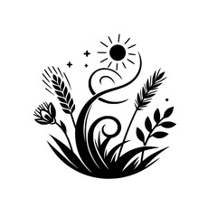 Naklejka premium Black and White Illustration of a Stylized Nature Scene with Wheat, a Flower, Grass, and a Sun, Representing Growth and Harvest.