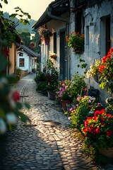 Fototapeta premium Charming narrow cobblestone street lined with colorful potted flowers and traditional houses at sunset, creating a cozy European village atmosphere.