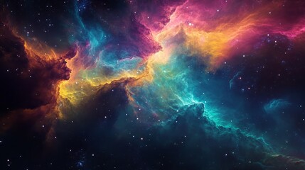 A celestial dance of swirling nebula colors and glowing cosmic dust, forming an abstract space scene.
