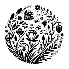 Intricate Black and White Floral Mandala: A Circular Composition of Blooming Flowers, Leaves, and Curvilinear Vines, in a Stylized, Minimalist Design.