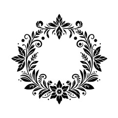 Intricate Black and White Floral Wreath Design with Leaves, Swirls, and Decorative Elements, Perfect for Invitations, Decorations and Ornamental Designs.