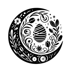 Ornate Black and White Easter Illustration: Egg Motif Within Floral Crescent Adorned With Decorative Elements and Geometric Stars.