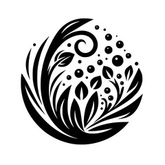 Intricate monochromatic botanical illustration, stylized foliage arranged in a circular composition, featuring swirling vines, leaves, and stylized berry-like elements, set against a stark white backg