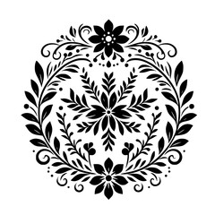 Ornate Circular Floral Mandala in Black and White, Embellished with Leaves, Curls, and Symmetrical Patterns