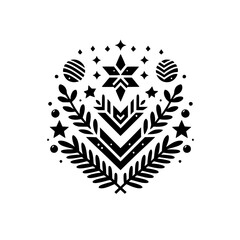 A symmetrical black and white minimalist design, featuring a central star and geometric shapes encircled by botanical elements, creating a festive and decorative composition.
