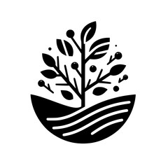 Monochrome Graphic Depiction of a Stylized Plant with Berries Growing from the Soil, Clean Design for Branding.