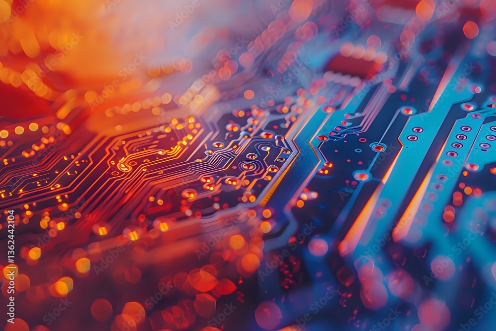 Poster circuit board macro photography with orange and blue gradient lighting effects, electronic pathways 