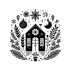 Fototapeta premium Black and white folk art illustration featuring a stylized house, encircled by festive elements of snowflakes, ornaments, and foliage, evoking a cozy winter holiday mood.