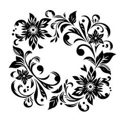 Intricate Floral Monochromatic Design: A symmetrical black and white illustration featuring stylized flowers, leaves, and swirling vines, forming a square frame.
