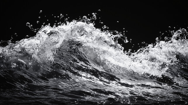 Water splash on black background with dynamic waves and foam
