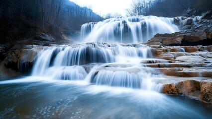 Obraz premium A serene waterfall cascading over rocky steps, surrounded by trees and mist, creating a tranquil natural scene. Concept Serene Waterfall, Cascading Water, Rocky Steps, Tranquil Nature, Misty Forest