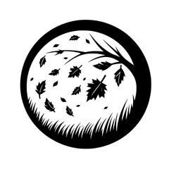 Stylized black and white illustration within a circle: autumn leaves falling from a tree over grassy silhouettes, representing nature and the season.