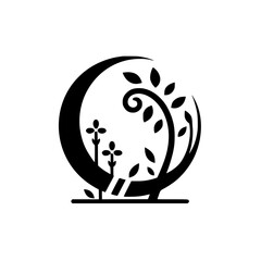 Symbolic minimalist black and white logo of a tree with leaves and stylized flowers enclosed in a circular form, suggesting nature.