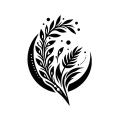Intricate Black and White Floral Design featuring a Crescent Moon Motif, Depicting Nature's Harmony and Mystical Essence.